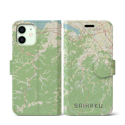 【西伯（鳥取県）】地図柄iPhoneケース（手帳タイプ）ナチュラル・iPhone 12 mini 用