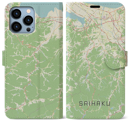 【西伯（鳥取県）】地図柄iPhoneケース（手帳タイプ）ナチュラル・iPhone 13 Pro Max 用