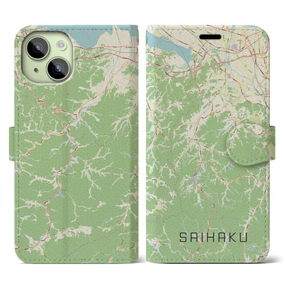 【西伯（鳥取県）】地図柄iPhoneケース（手帳タイプ）ナチュラル・iPhone 15 用