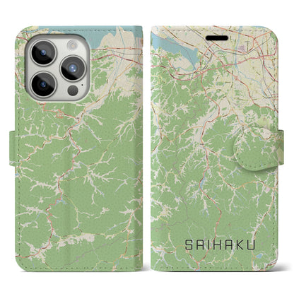 【西伯（鳥取県）】地図柄iPhoneケース（手帳タイプ）ナチュラル・iPhone 15 Pro 用