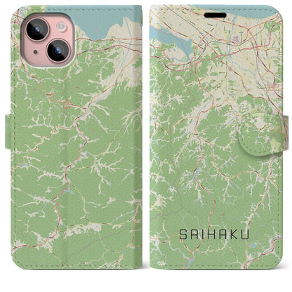 【西伯（鳥取県）】地図柄iPhoneケース（手帳タイプ）ナチュラル・iPhone 15 Plus 用