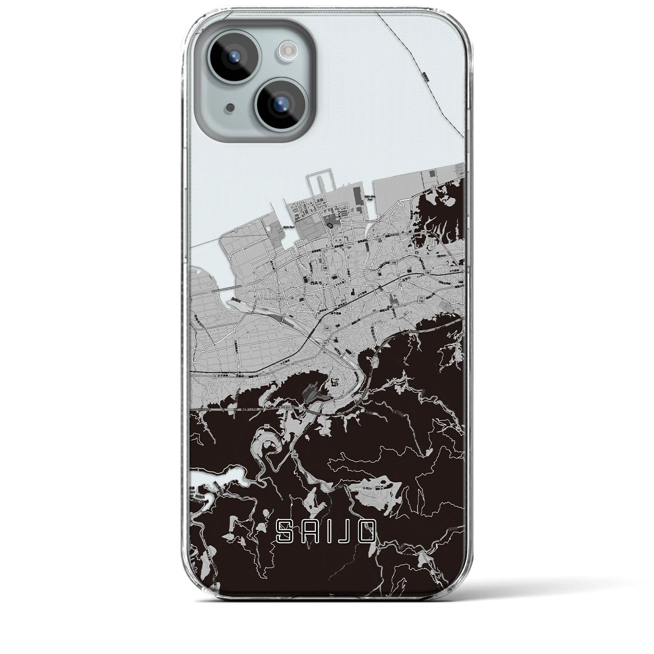 【西条】地図柄iPhoneケース（クリアタイプ・モノトーン）iPhone 15 Plus 用