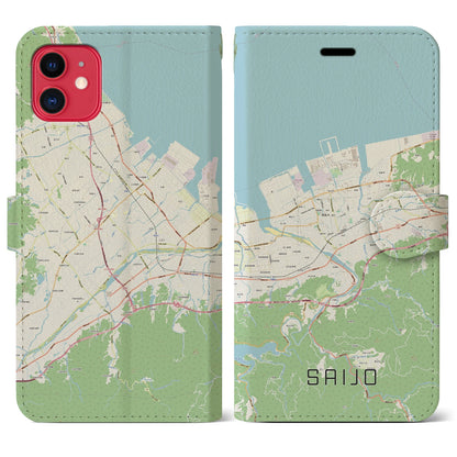 【西条（愛媛県）】地図柄iPhoneケース（手帳タイプ）ナチュラル・iPhone 11 用