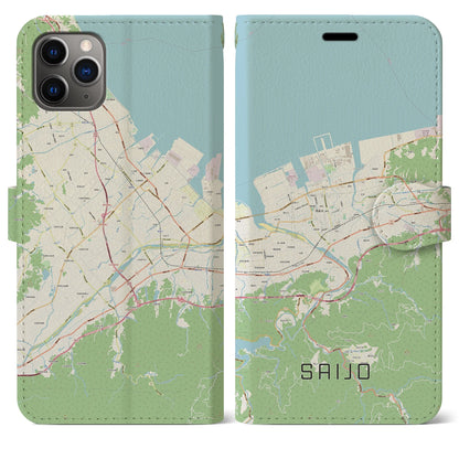 【西条（愛媛県）】地図柄iPhoneケース（手帳タイプ）ナチュラル・iPhone 11 Pro Max 用