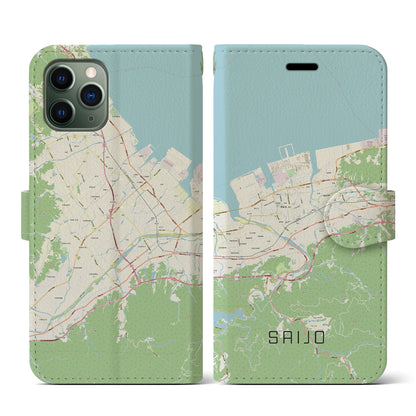 【西条（愛媛県）】地図柄iPhoneケース（手帳タイプ）ナチュラル・iPhone 11 Pro 用