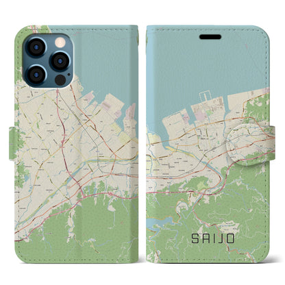 【西条（愛媛県）】地図柄iPhoneケース（手帳タイプ）ナチュラル・iPhone 12 / 12 Pro 用