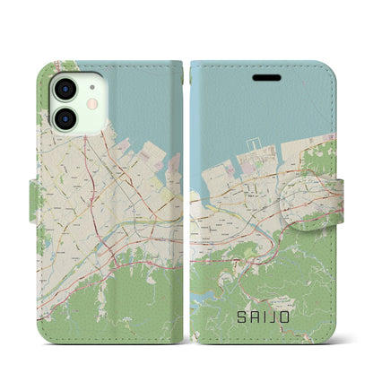 【西条（愛媛県）】地図柄iPhoneケース（手帳タイプ）ナチュラル・iPhone 12 mini 用