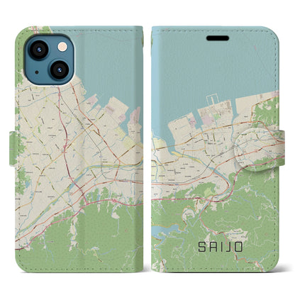 【西条（愛媛県）】地図柄iPhoneケース（手帳タイプ）ナチュラル・iPhone 13 用