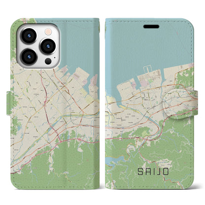 【西条（愛媛県）】地図柄iPhoneケース（手帳タイプ）ナチュラル・iPhone 13 Pro 用