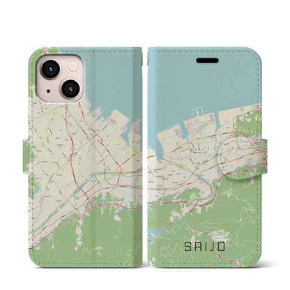 【西条（愛媛県）】地図柄iPhoneケース（手帳タイプ）ナチュラル・iPhone 13 mini 用