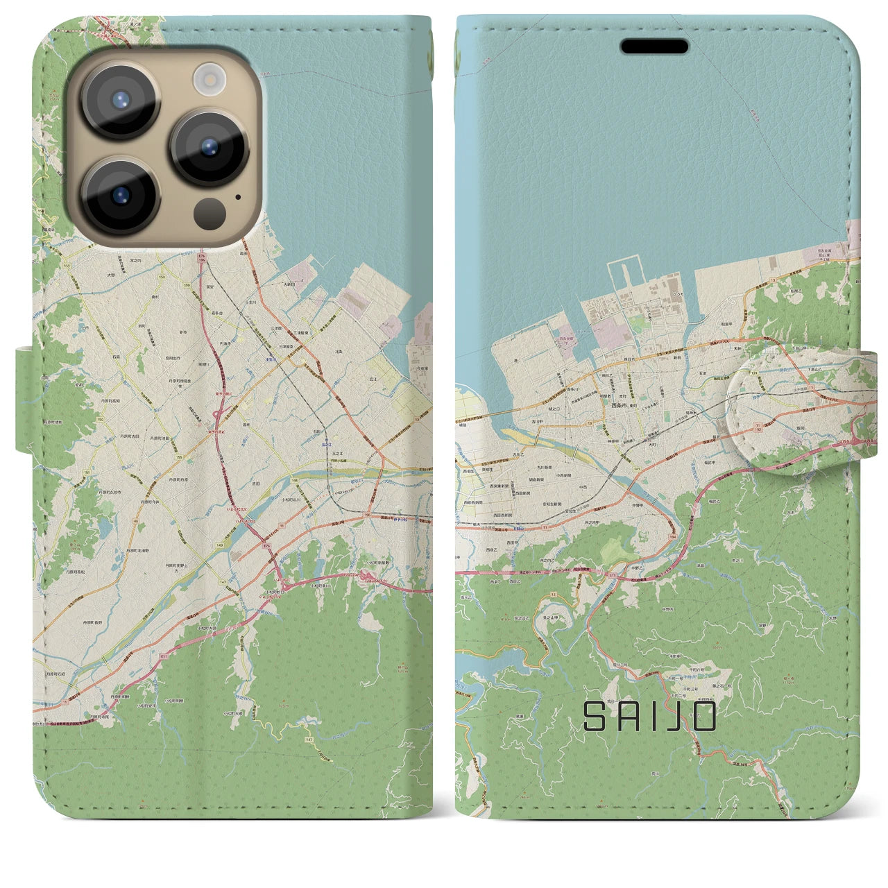 【西条】地図柄iPhoneケース（手帳両面タイプ・ナチュラル）iPhone 14 Pro Max 用