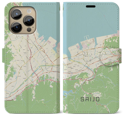 【西条（愛媛県）】地図柄iPhoneケース（手帳タイプ）ナチュラル・iPhone 14 Pro Max 用