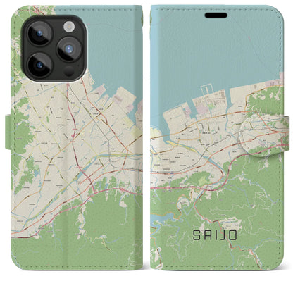 【西条（愛媛県）】地図柄iPhoneケース（手帳タイプ）ナチュラル・iPhone 15 Pro Max 用
