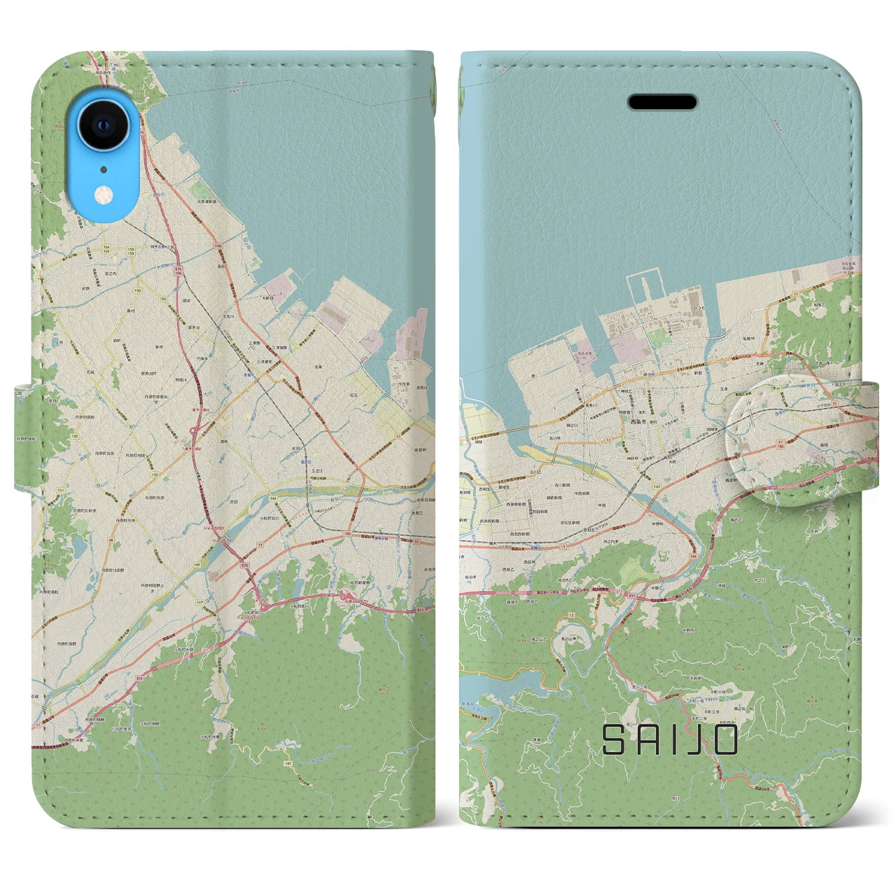 【西条】地図柄iPhoneケース（手帳両面タイプ・ナチュラル）iPhone XR 用