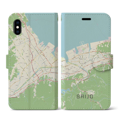 【西条（愛媛県）】地図柄iPhoneケース（手帳タイプ）ナチュラル・iPhone XS / X 用