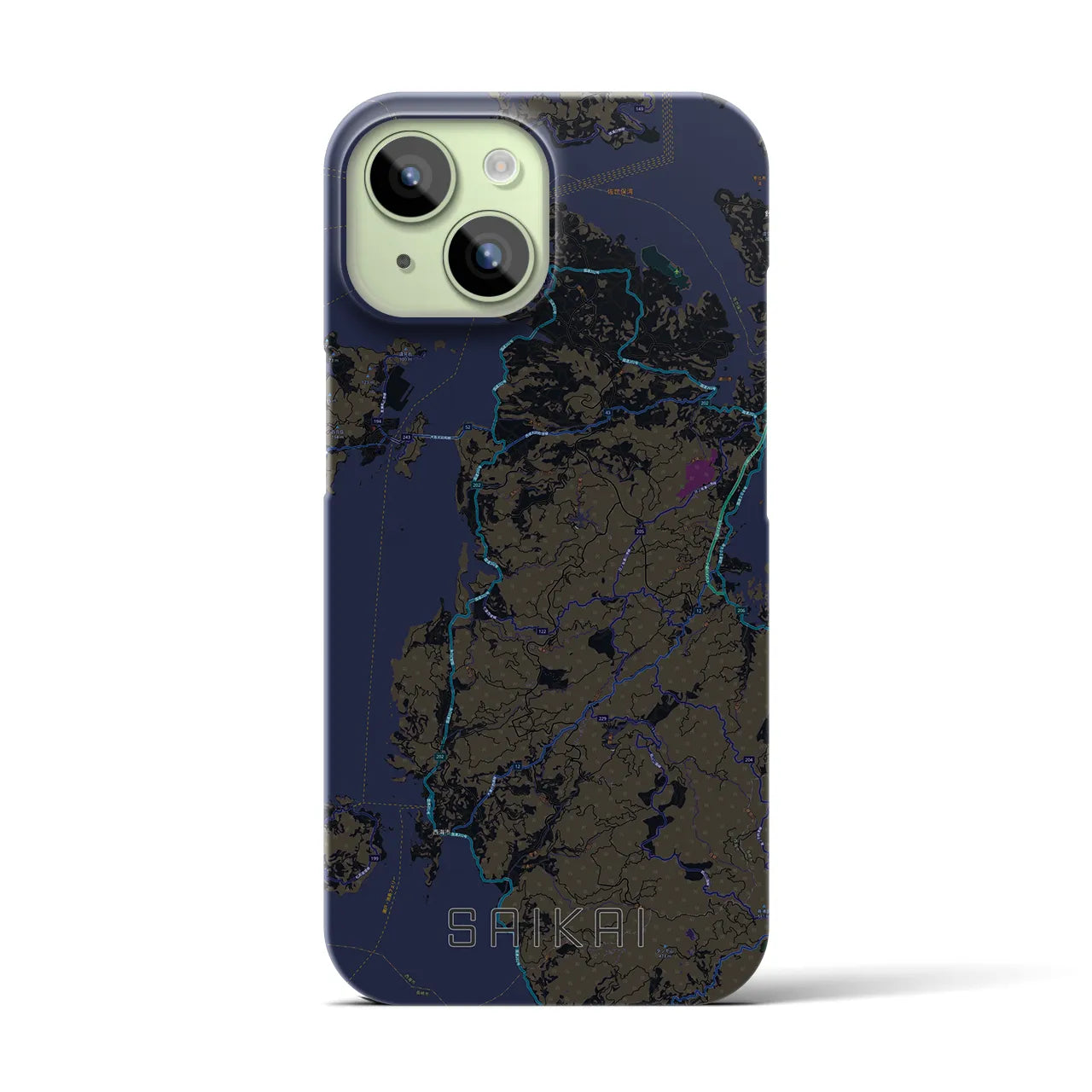 【西海】地図柄iPhoneケース（バックカバータイプ・ブラック）iPhone 15 用