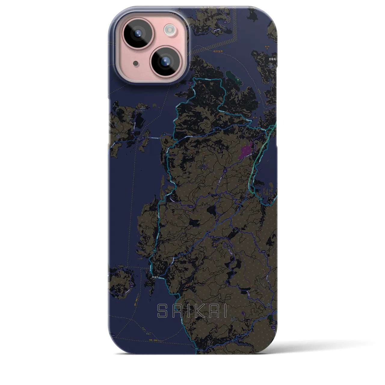 【西海】地図柄iPhoneケース（バックカバータイプ・ブラック）iPhone 15 Plus 用