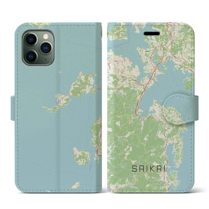 【西海（長崎県）】地図柄iPhoneケース（手帳タイプ）ナチュラル・iPhone 11 Pro 用