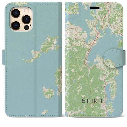 【西海（長崎県）】地図柄iPhoneケース（手帳タイプ）ナチュラル・iPhone 12 Pro Max 用