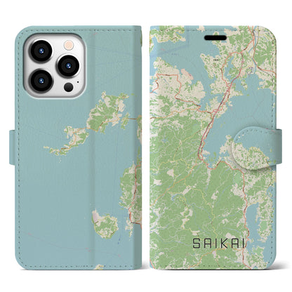 【西海（長崎県）】地図柄iPhoneケース（手帳タイプ）ナチュラル・iPhone 13 Pro 用