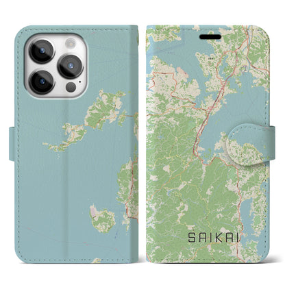 【西海（長崎県）】地図柄iPhoneケース（手帳タイプ）ナチュラル・iPhone 14 Pro 用