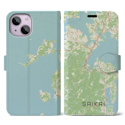 【西海（長崎県）】地図柄iPhoneケース（手帳タイプ）ナチュラル・iPhone 14 用