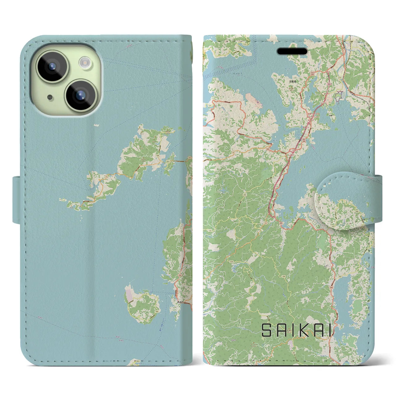 【西海】地図柄iPhoneケース（手帳両面タイプ・ナチュラル）iPhone 15 用