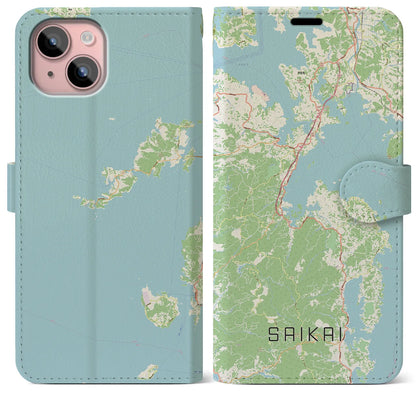 【西海（長崎県）】地図柄iPhoneケース（手帳タイプ）ナチュラル・iPhone 15 Plus 用