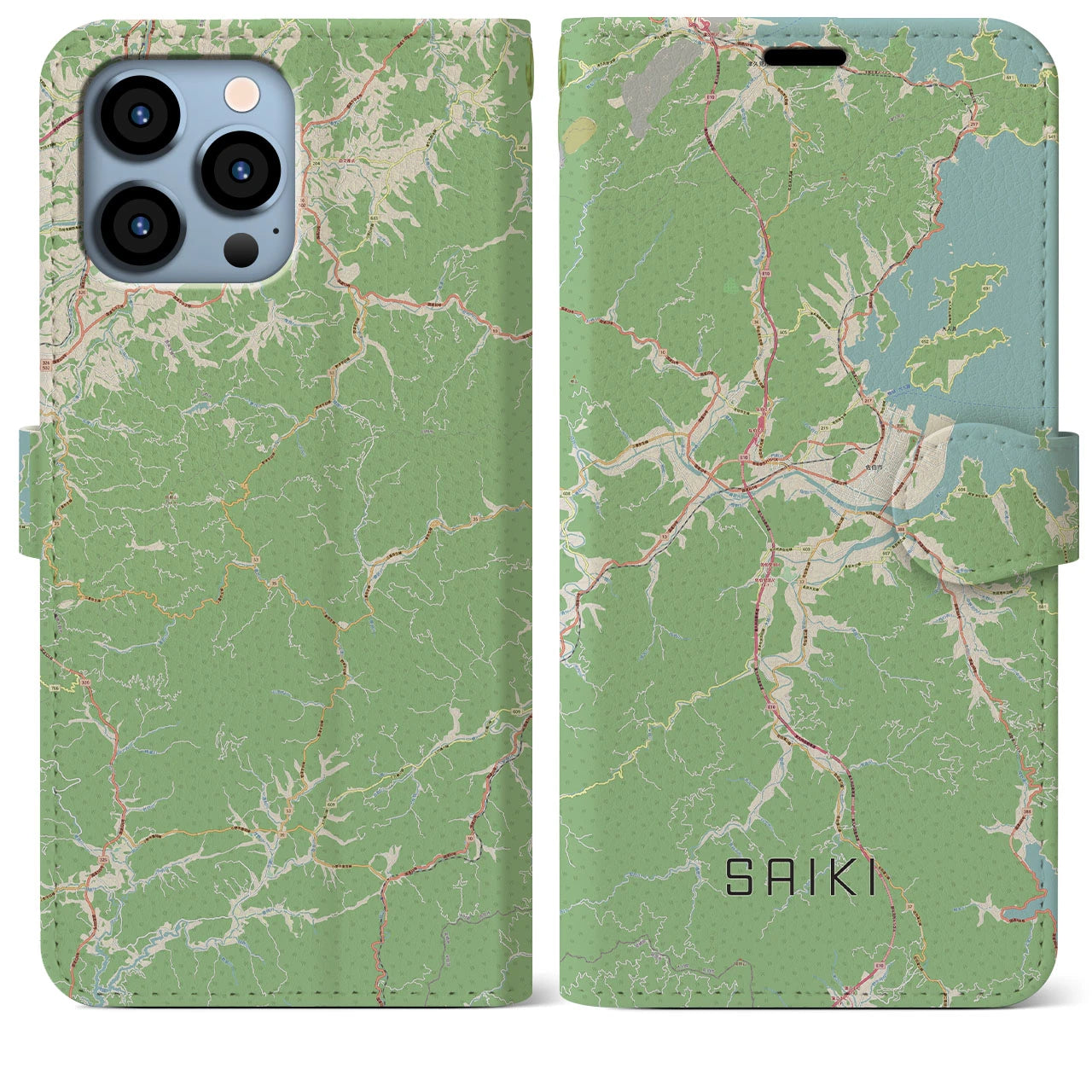 【佐伯】地図柄iPhoneケース（手帳両面タイプ・ナチュラル）iPhone 13 Pro Max 用