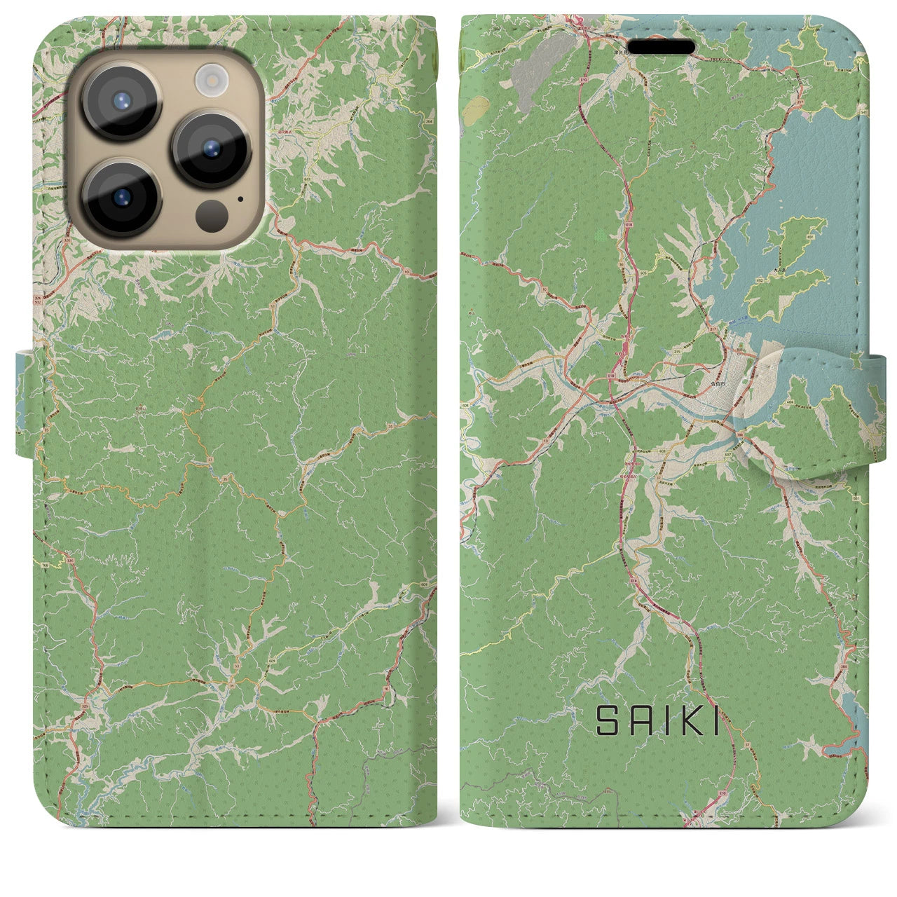 【佐伯】地図柄iPhoneケース（手帳両面タイプ・ナチュラル）iPhone 14 Pro Max 用