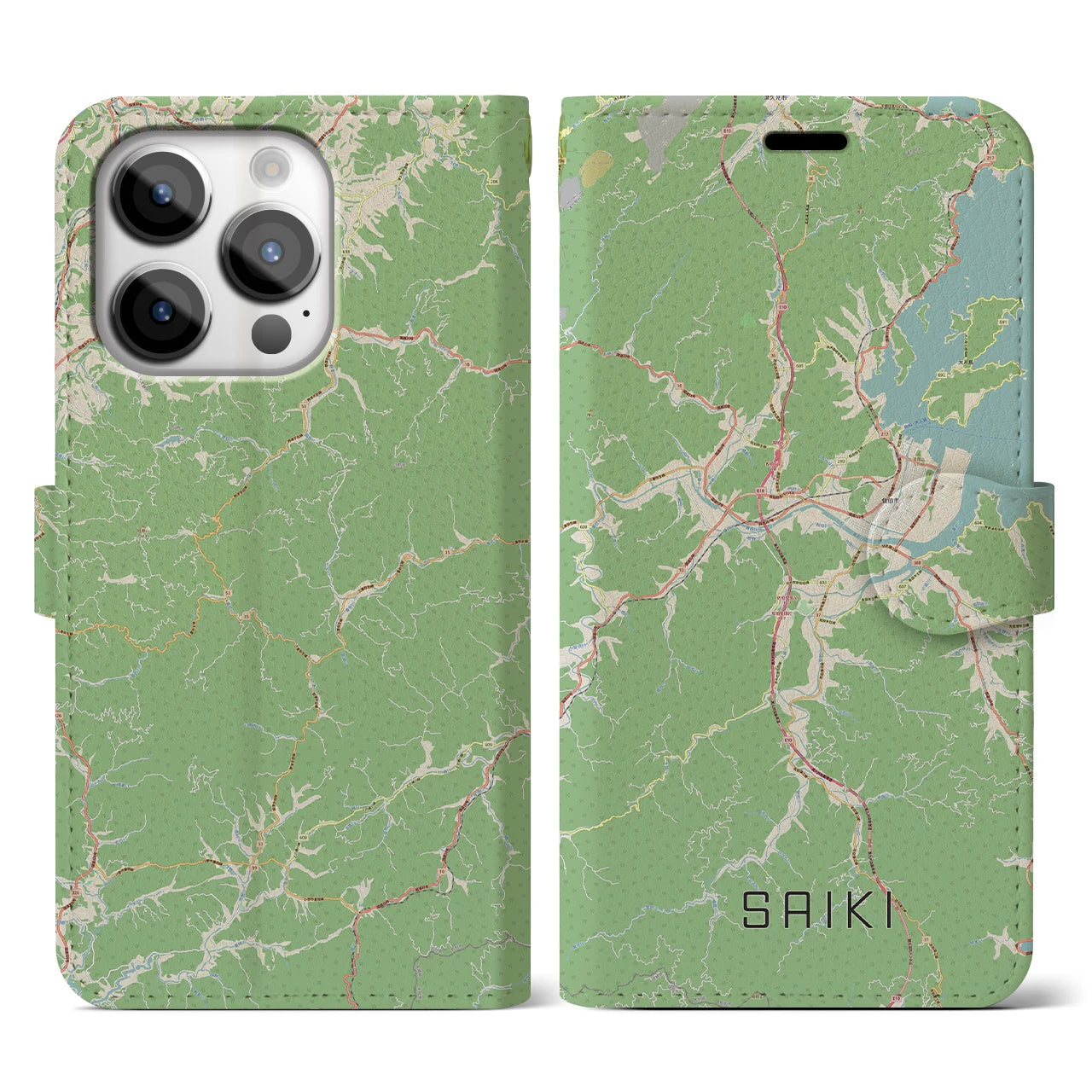 【佐伯】地図柄iPhoneケース（手帳両面タイプ・ナチュラル）iPhone 14 Pro 用