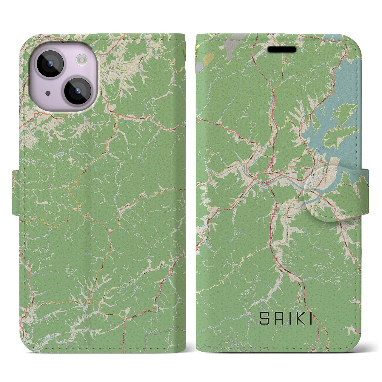 【佐伯】地図柄iPhoneケース（手帳両面タイプ・ナチュラル）iPhone 14 用