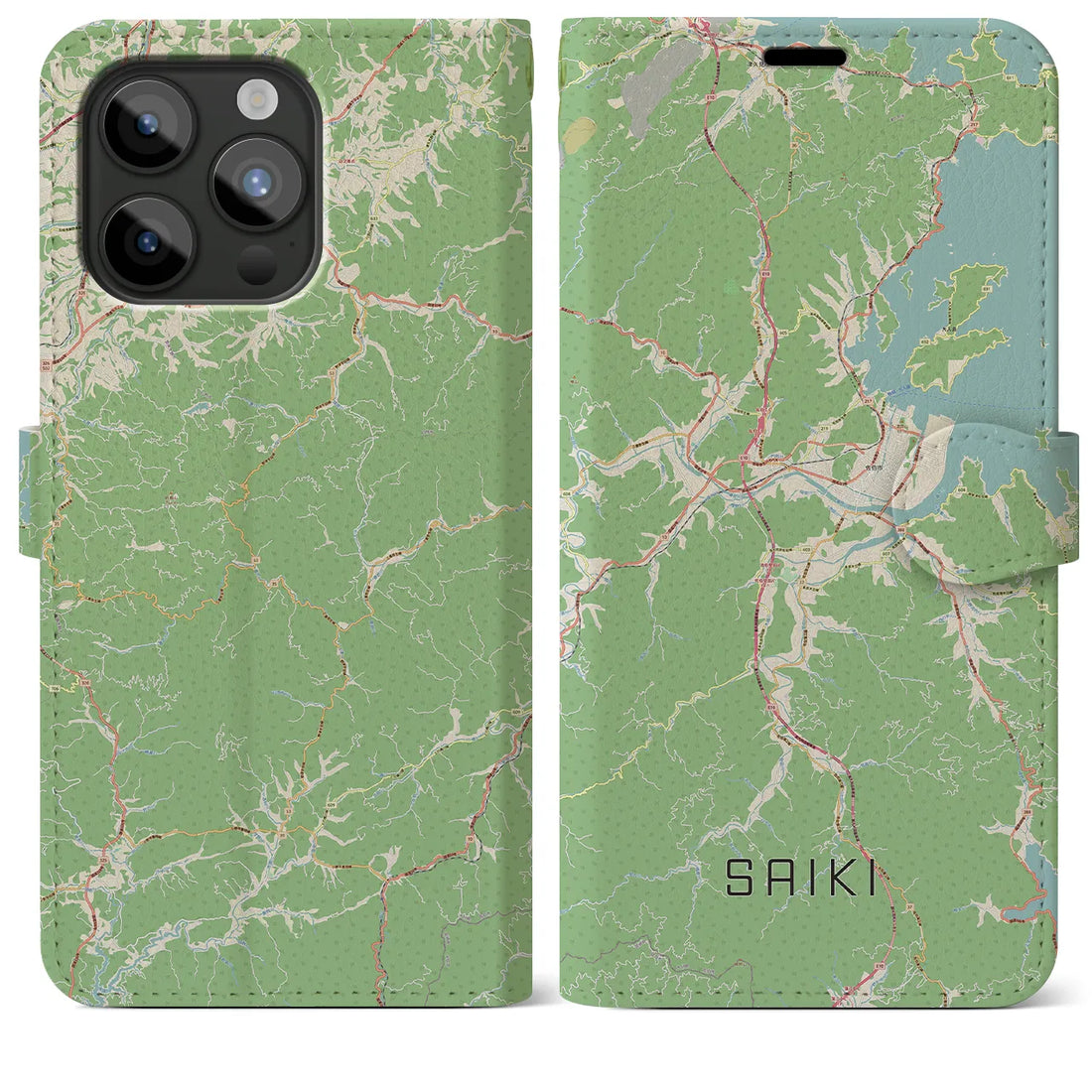 【佐伯】地図柄iPhoneケース（手帳両面タイプ・ナチュラル）iPhone 15 Pro Max 用