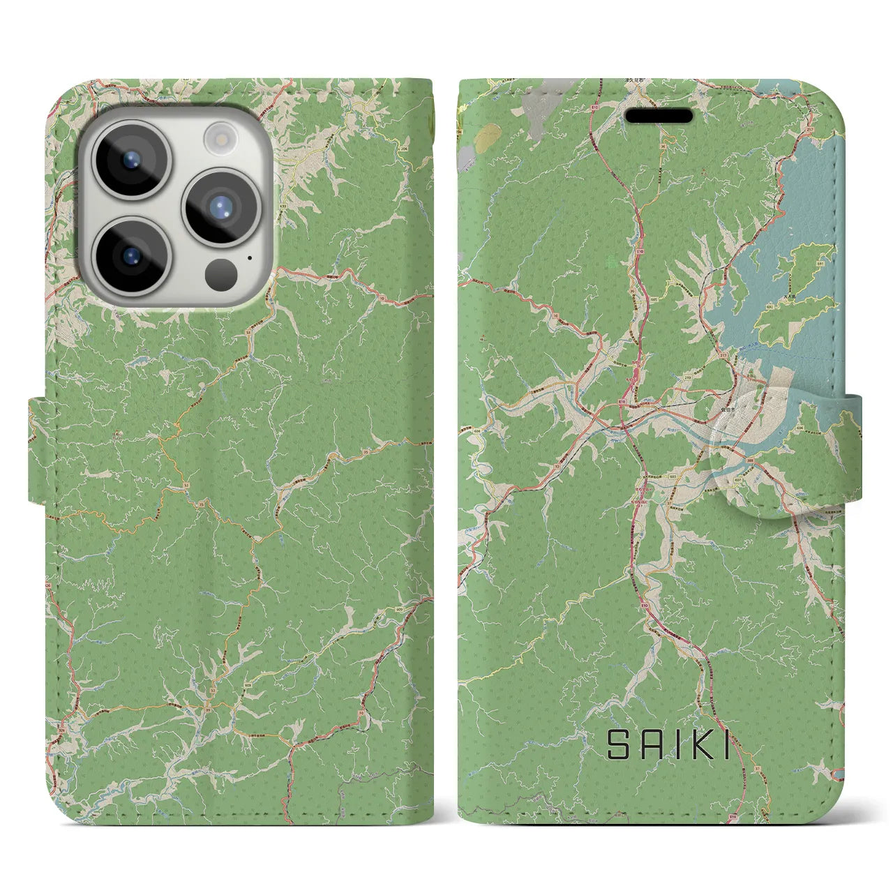 【佐伯】地図柄iPhoneケース（手帳両面タイプ・ナチュラル）iPhone 15 Pro 用