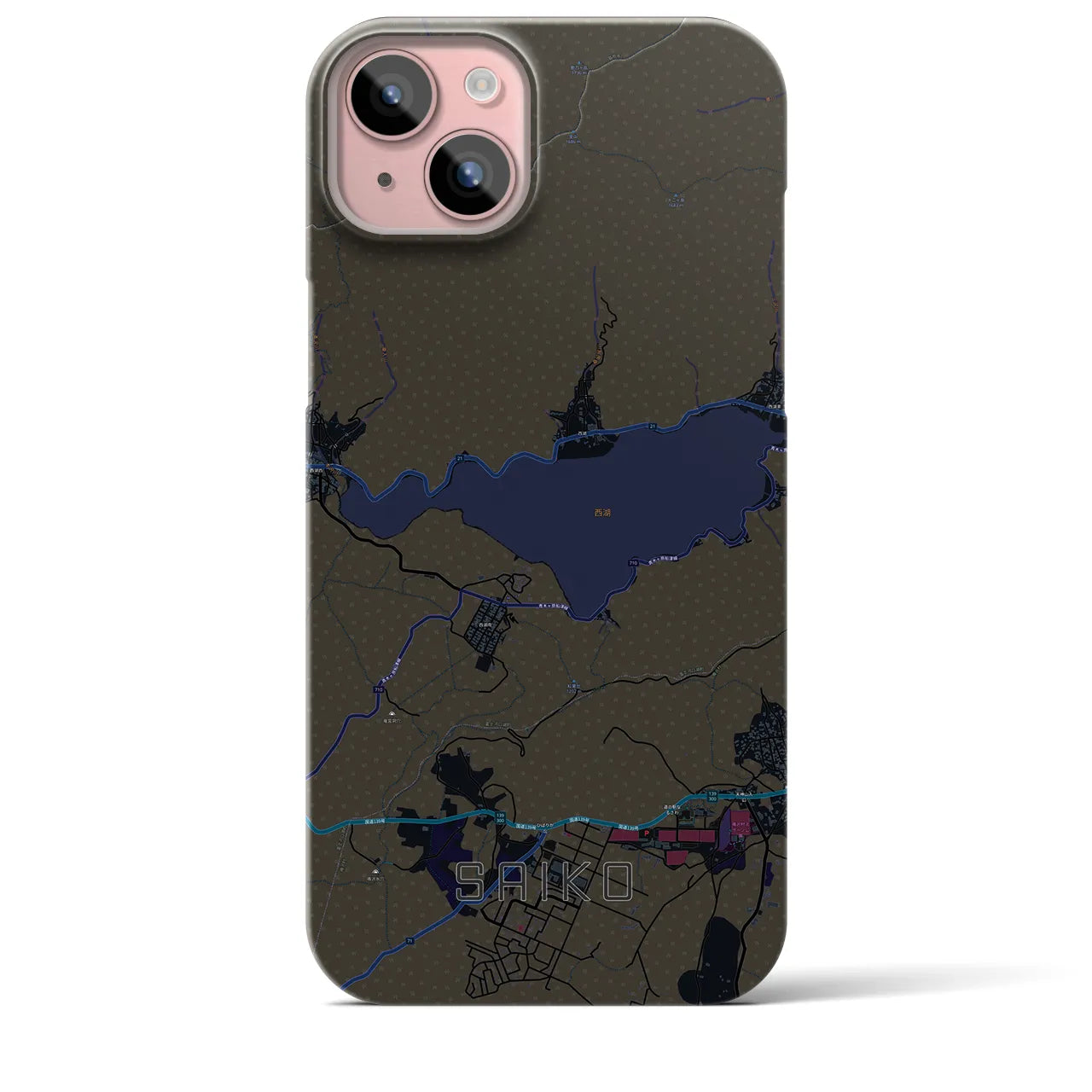 【西湖】地図柄iPhoneケース（バックカバータイプ・ブラック）iPhone 15 Plus 用