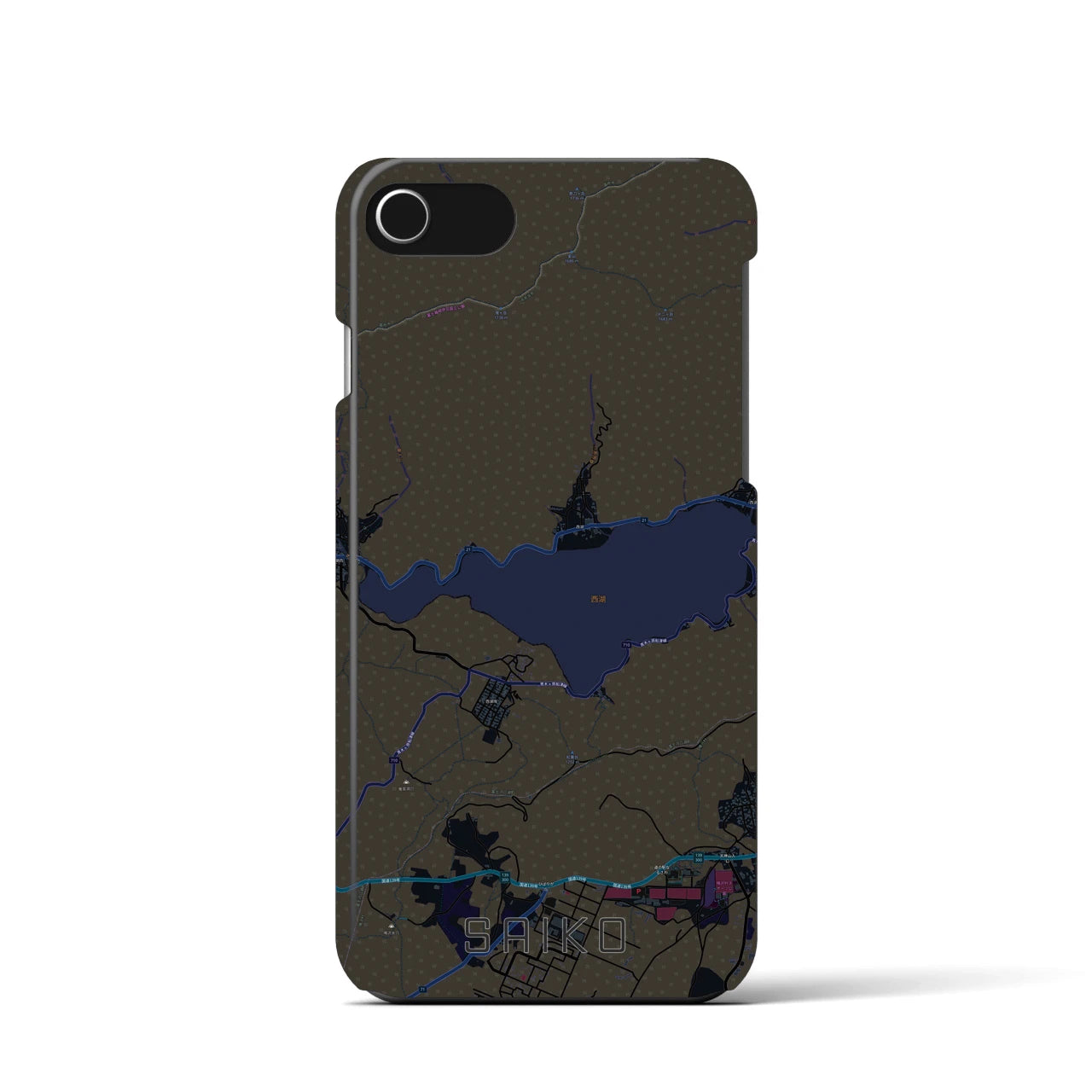 【西湖】地図柄iPhoneケース（バックカバータイプ・ブラック）iPhone SE（第3 / 第2世代） / 8 / 7 / 6s / 6 用