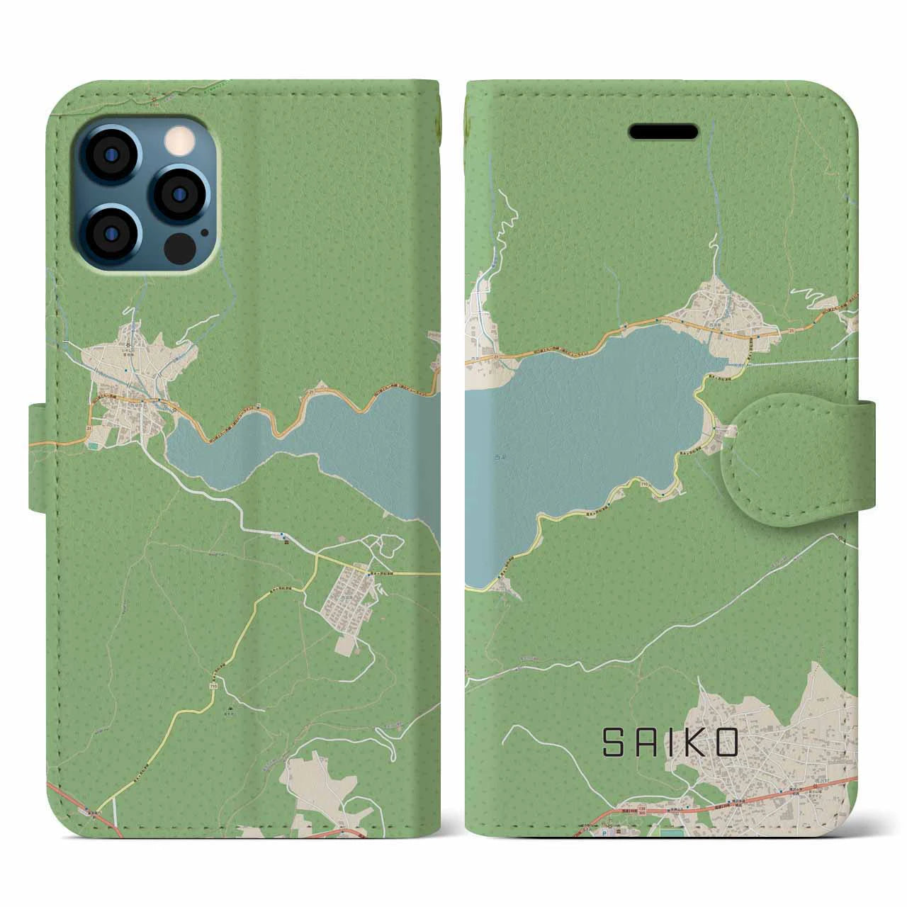 【西湖】地図柄iPhoneケース（手帳両面タイプ・ナチュラル）iPhone 12 / 12 Pro 用