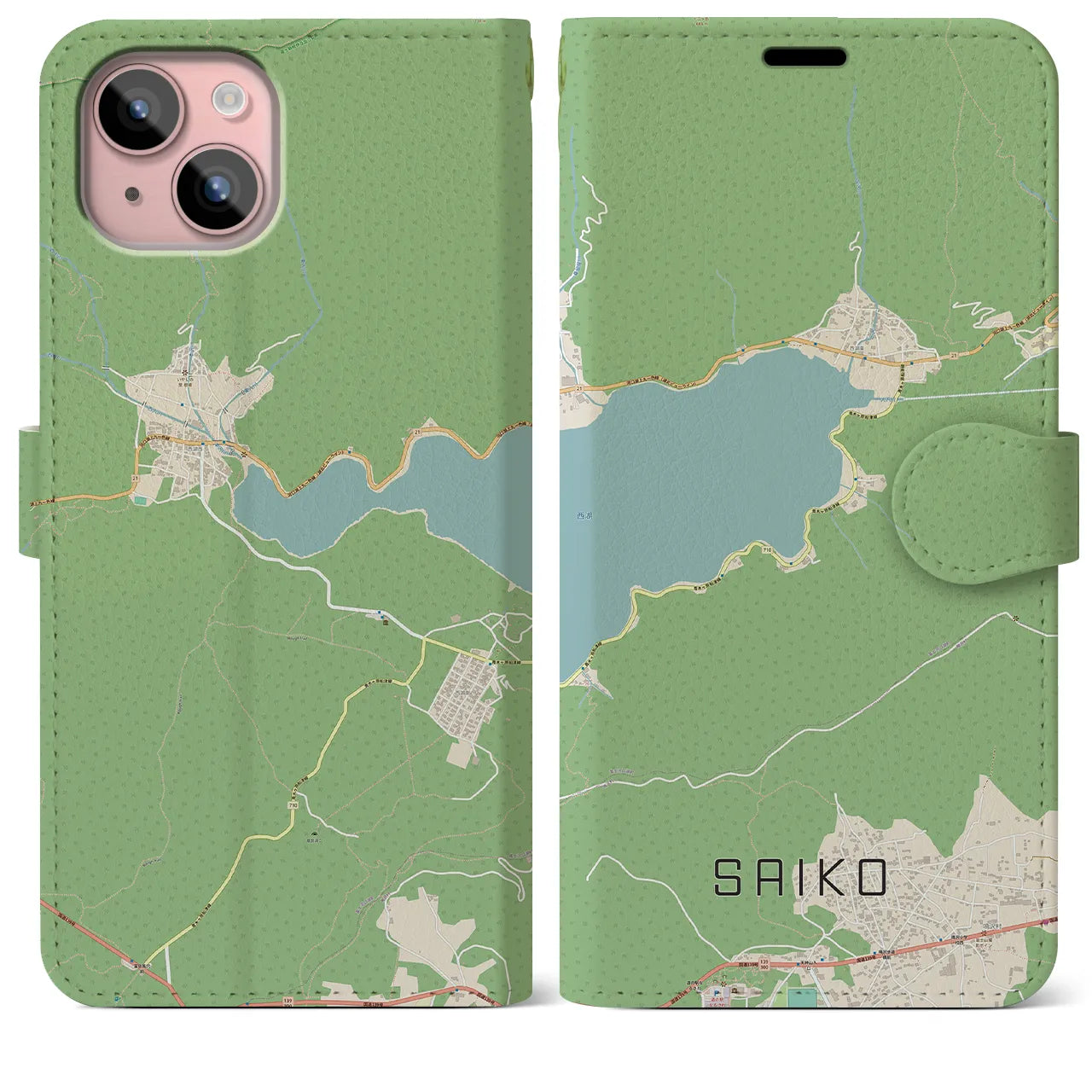 【西湖】地図柄iPhoneケース（手帳両面タイプ・ナチュラル）iPhone 15 Plus 用