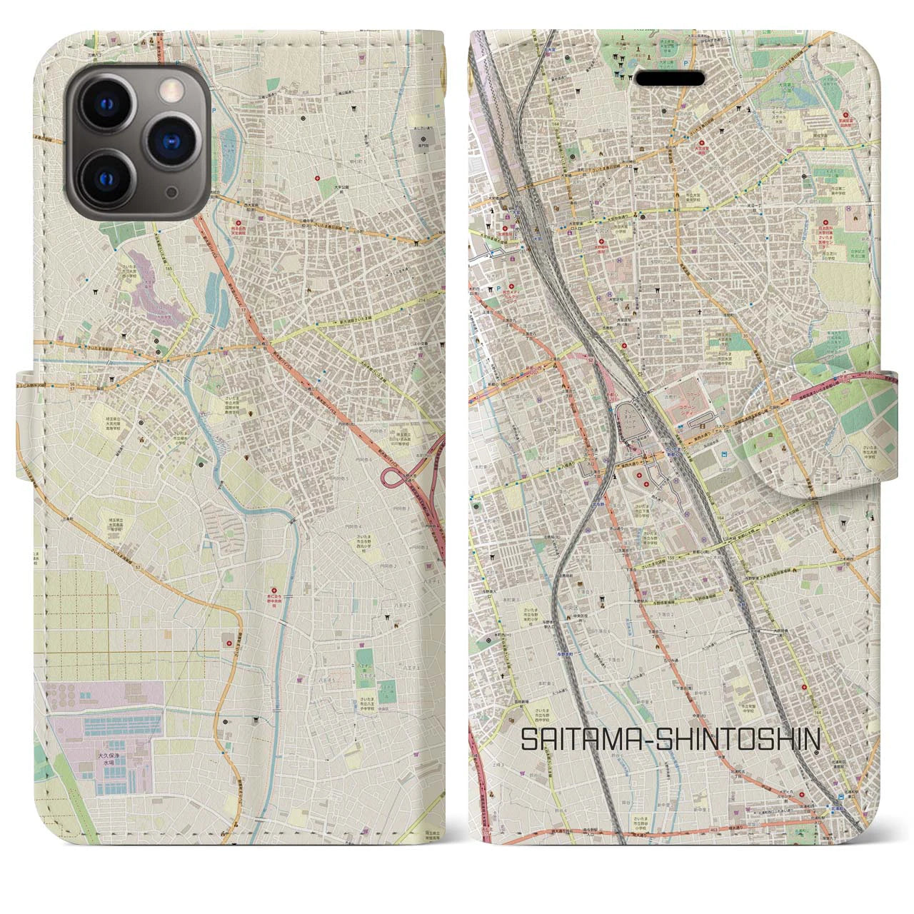 【さいたま新都心】地図柄iPhoneケース（手帳両面タイプ・ナチュラル）iPhone 11 Pro Max 用