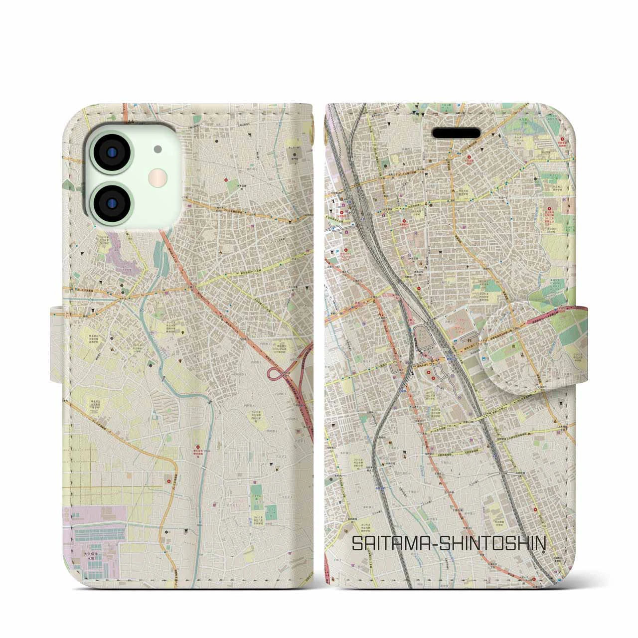 【さいたま新都心】地図柄iPhoneケース（手帳両面タイプ・ナチュラル）iPhone 12 mini 用