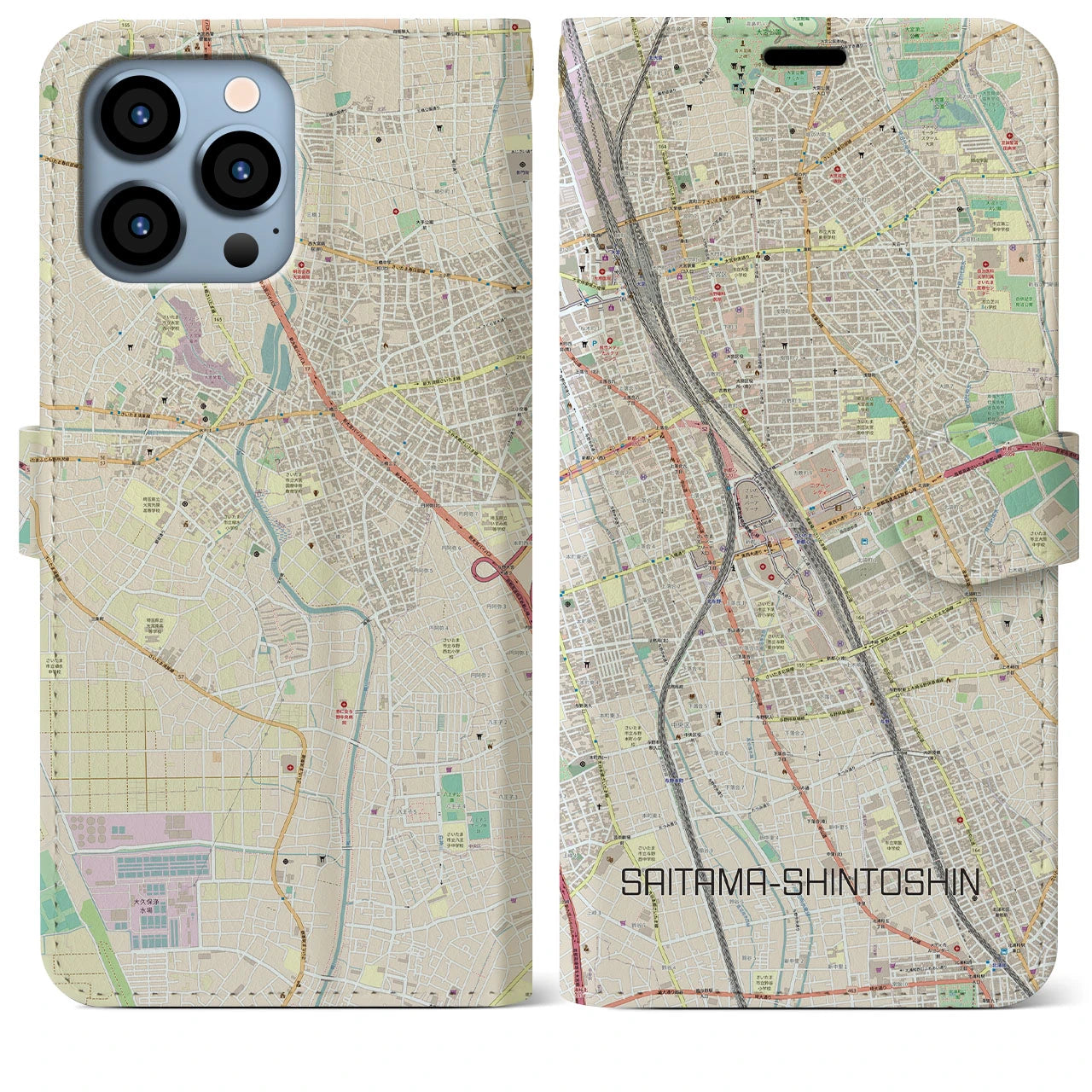 【さいたま新都心】地図柄iPhoneケース（手帳両面タイプ・ナチュラル）iPhone 13 Pro Max 用