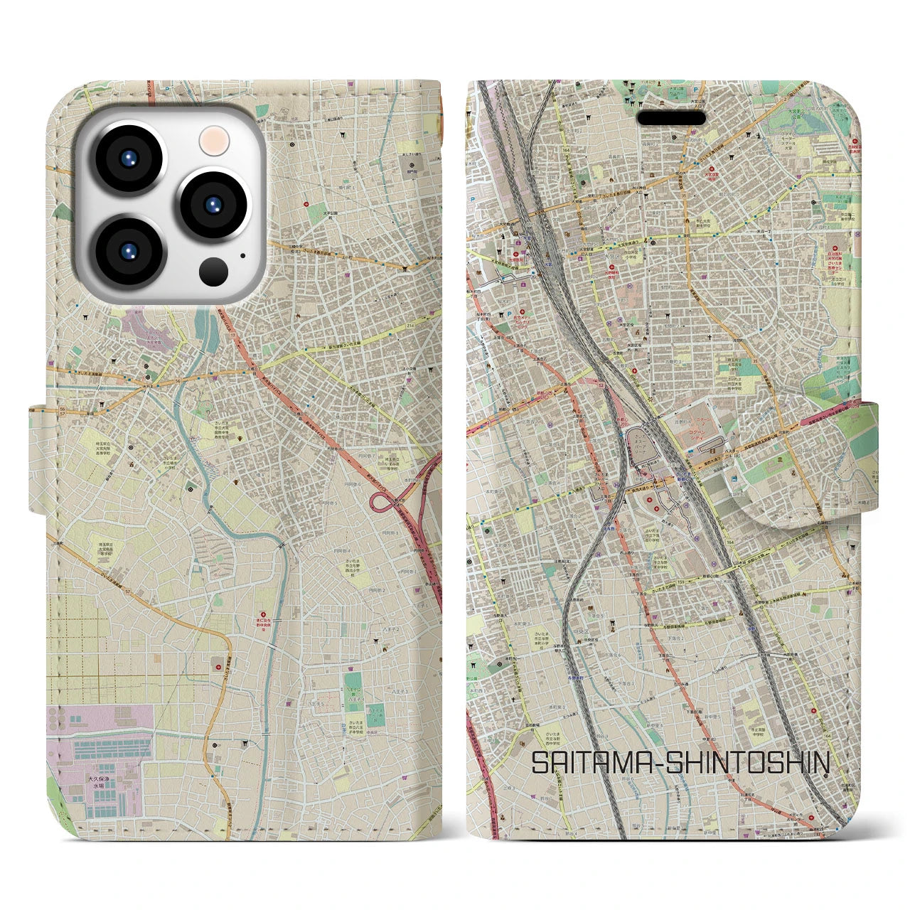 【さいたま新都心】地図柄iPhoneケース（手帳両面タイプ・ナチュラル）iPhone 13 Pro 用