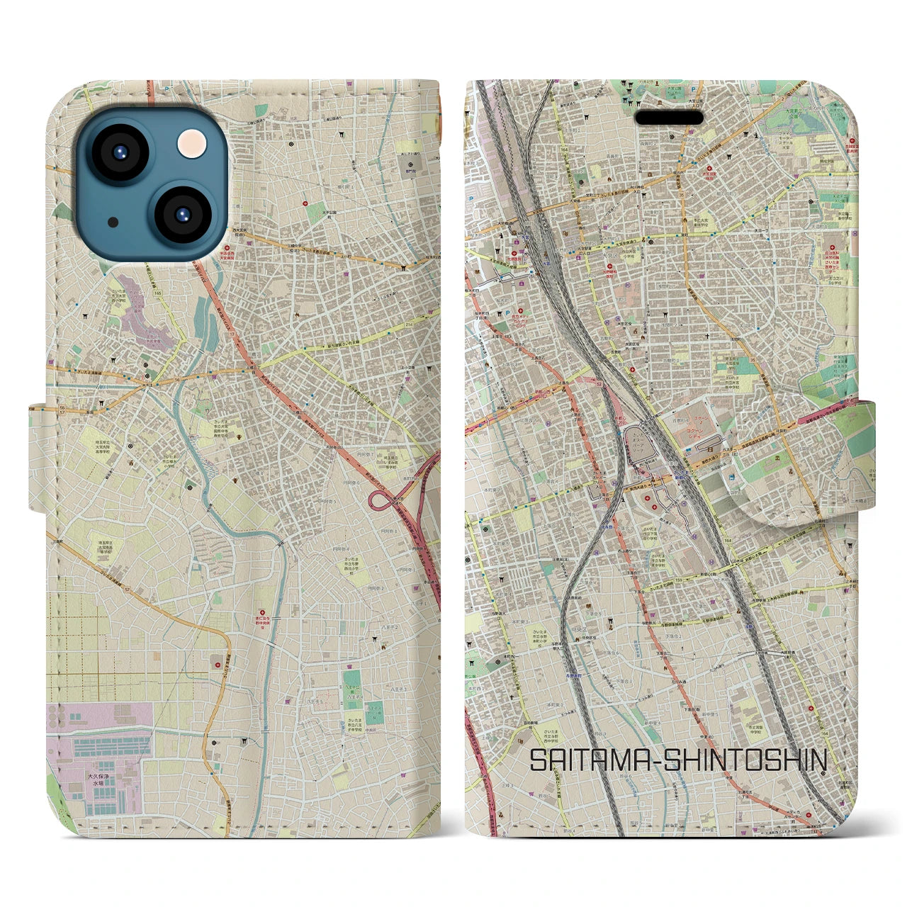 【さいたま新都心】地図柄iPhoneケース（手帳両面タイプ・ナチュラル）iPhone 13 用