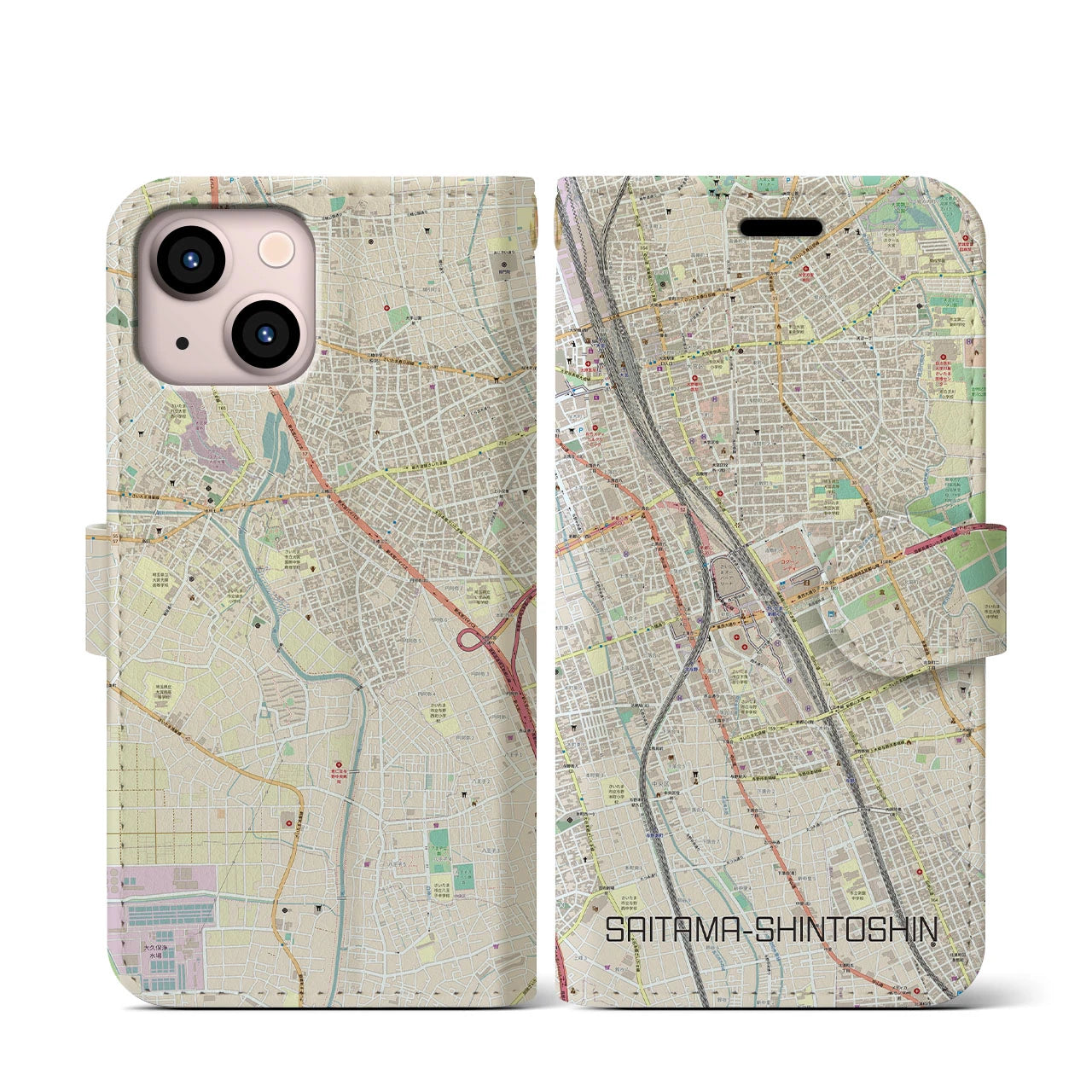 【さいたま新都心】地図柄iPhoneケース（手帳両面タイプ・ナチュラル）iPhone 13 mini 用