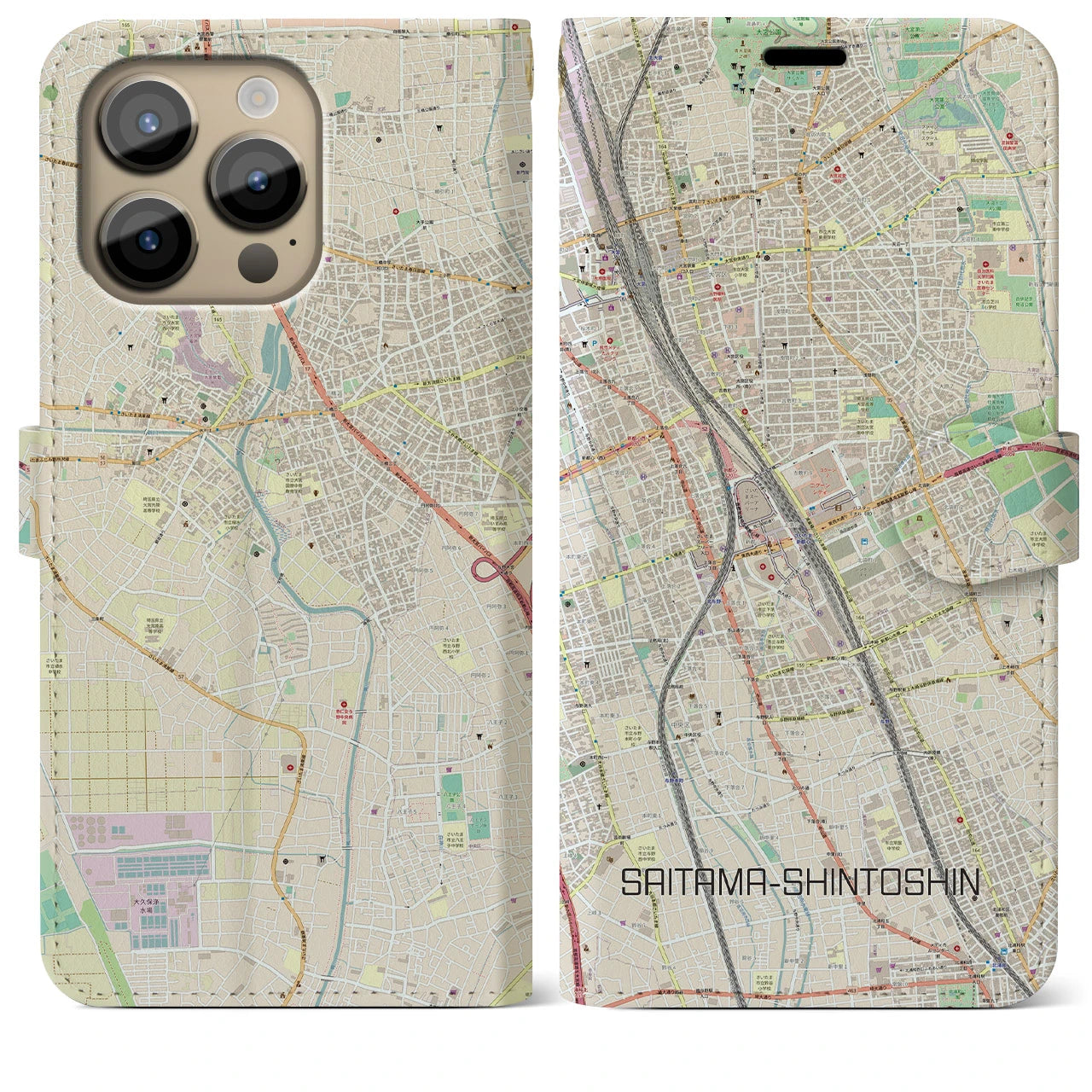 【さいたま新都心】地図柄iPhoneケース（手帳両面タイプ・ナチュラル）iPhone 14 Pro Max 用