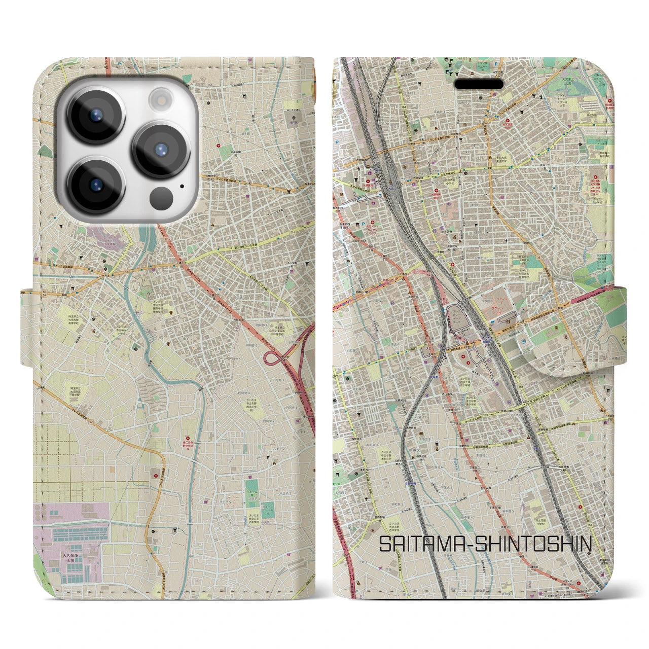 【さいたま新都心】地図柄iPhoneケース（手帳両面タイプ・ナチュラル）iPhone 14 Pro 用