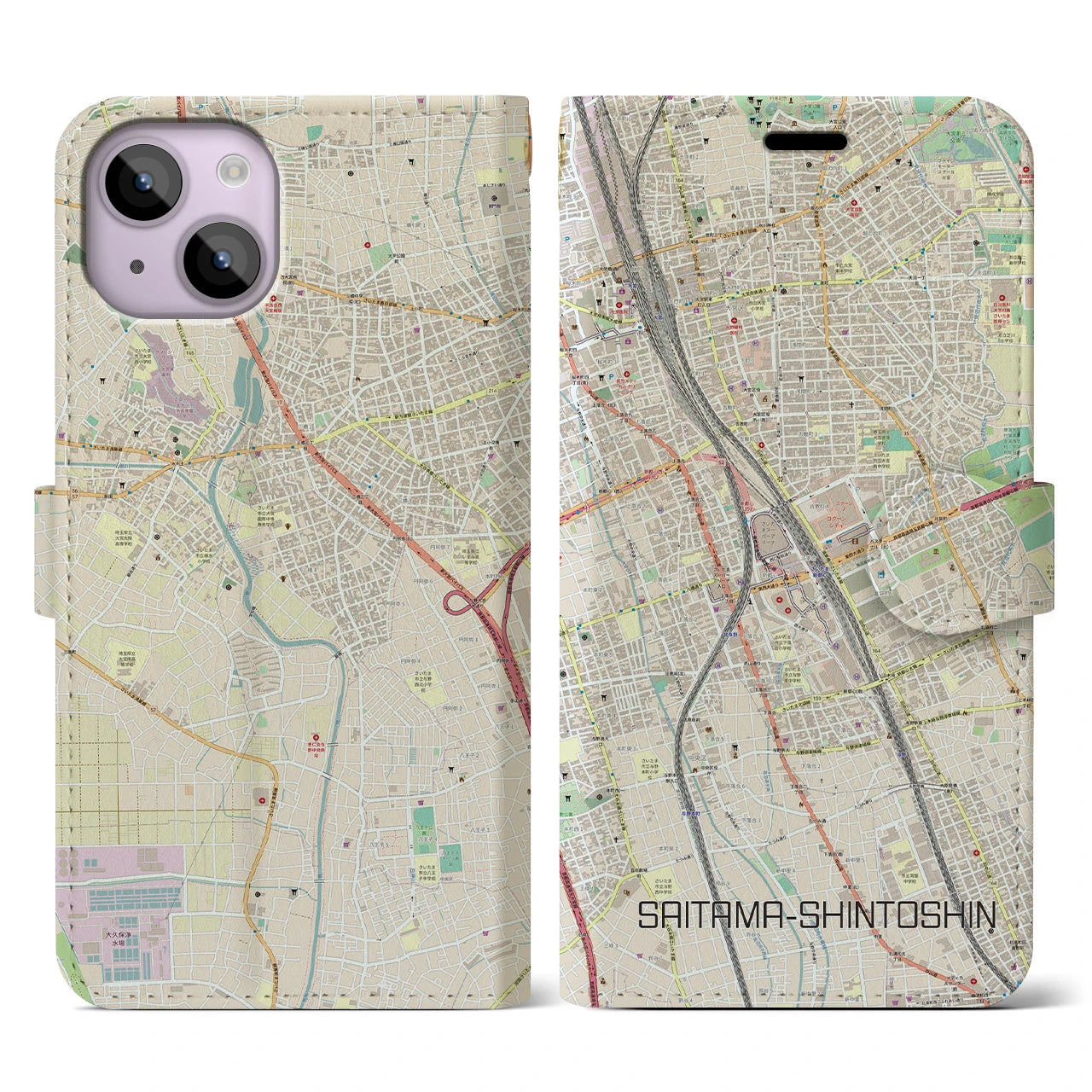 【さいたま新都心】地図柄iPhoneケース（手帳両面タイプ・ナチュラル）iPhone 14 用