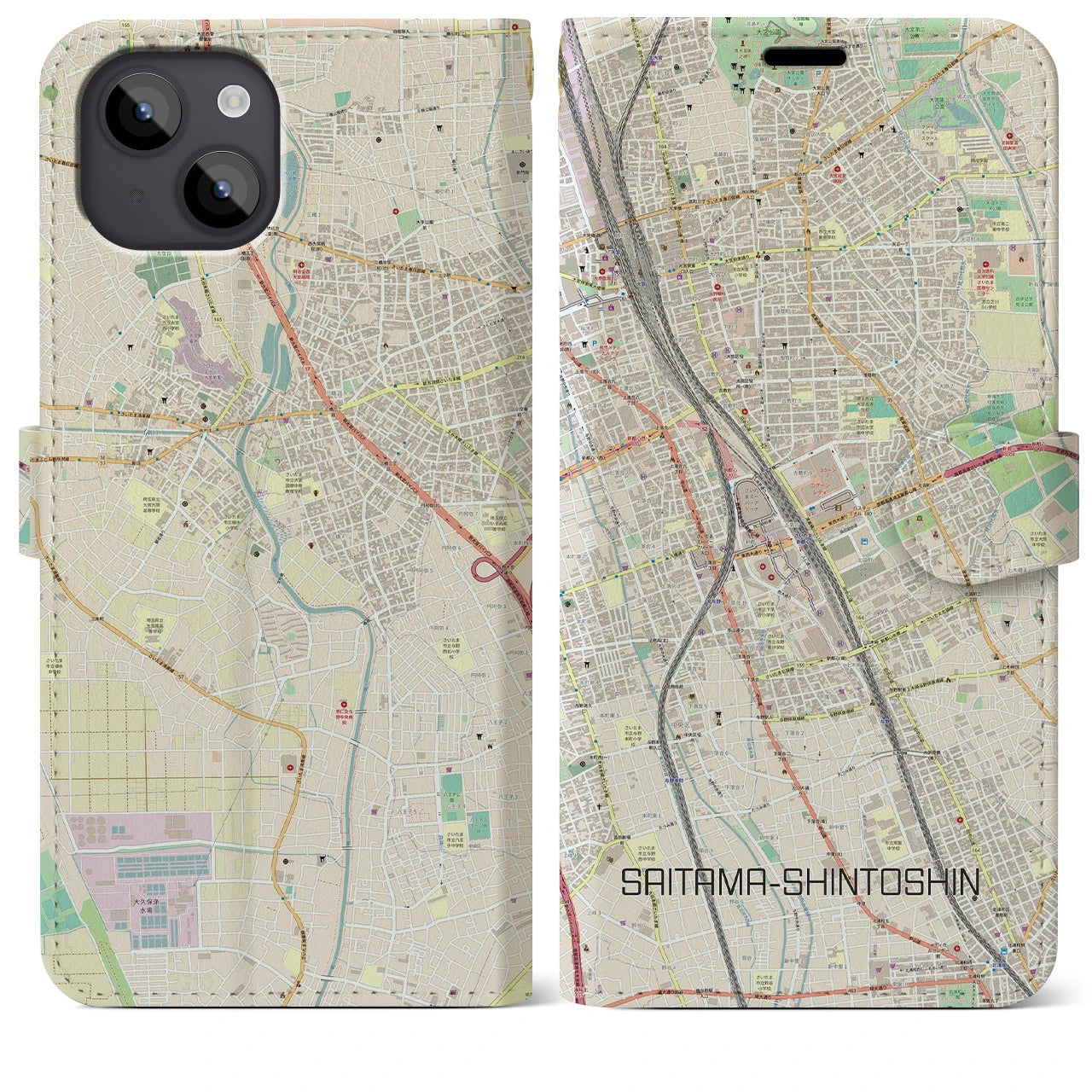 【さいたま新都心】地図柄iPhoneケース（手帳両面タイプ・ナチュラル）iPhone 14 Plus 用