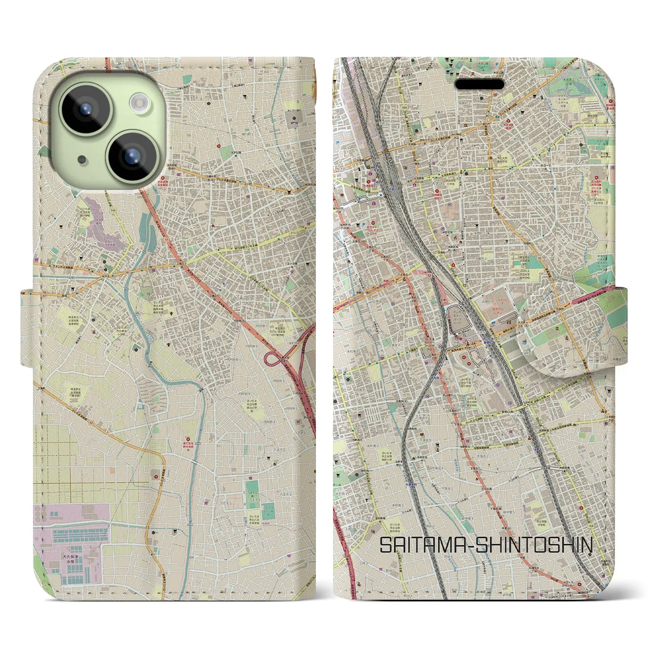 【さいたま新都心】地図柄iPhoneケース（手帳両面タイプ・ナチュラル）iPhone 15 用