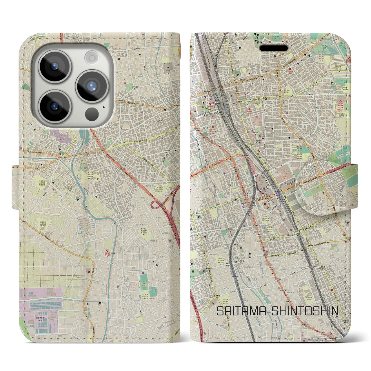 【さいたま新都心】地図柄iPhoneケース（手帳両面タイプ・ナチュラル）iPhone 15 Pro 用